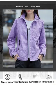 Détail d'une veste imperméable lilas avec motif feuilles de palmier et poignets réglables