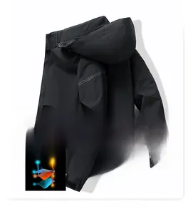 Detailed view of windproof black hooded jacket with high-density functional fabric texture