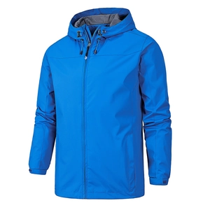 Waterproof blue hooded outdoor jacket with adjustable drawstrings and windproof fabric