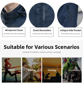 Détails d'une veste outdoor bleu marine avec motif de feuilles et capuche amovible