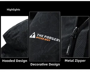 Detail of waterproof outdoor jacket with leaf pattern fabric and branded metal zipper