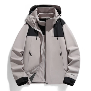 Three-in-one waterproof outdoor jacket with detachable fleece liner in grey and black