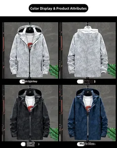 Detail view of camouflage outdoor jackets with detachable hoods and Velcro cuffs in three colors