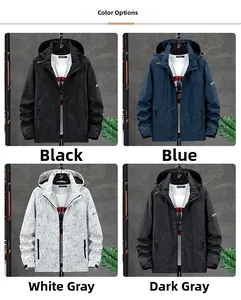 Men's outdoor hooded jacket showing four color options with leaf patterns and zip pockets