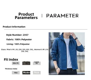 Tableau des tailles et spécifications détaillées pour veste imperméable en polyester