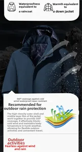Detail view of thickened fleece lining and waterproof shell of blue outdoor jacket
