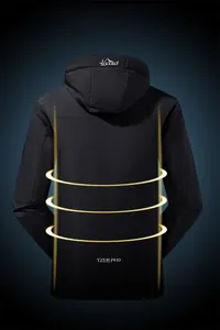 Detail view of the back of a black windproof jacket featuring mountain logo and trend text