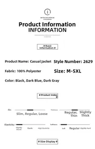 Detailed size chart and material specs for 100% polyester slim fit men's casual jacket