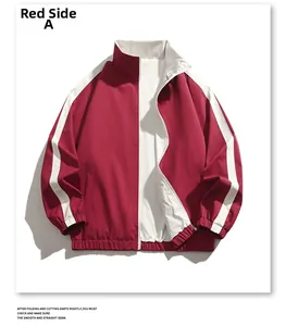 Détail de la veste coupe-vent rouge avec rayures blanches et poignets élastiques