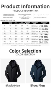 Detailed size chart for men's outdoor windproof jacket from M to 5XL with measurements