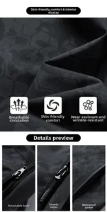 Detail of waterproof camouflage jacket featuring detachable hood and smooth metal zipper