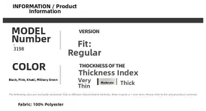 Size chart showing fit details, 100% polyester fabric, and available jacket colors