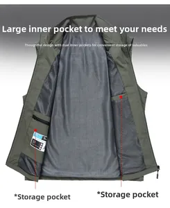 Detail of army green fishing vest featuring breathable mesh lining and secure inner zipper pocket