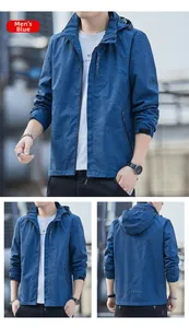 Détails de la veste à capuche bleue pour hommes avec motifs de feuilles et tissu coupe-vent