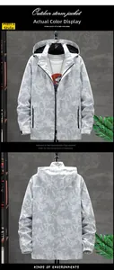 Detail view showing front and back of light gray camo outdoor windbreaker for men