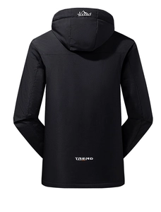 Detail view of black windproof jacket back featuring hood and trend fashion lettering