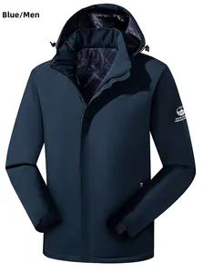 Detail of navy blue windbreaker sleeve showing the brand logo and adjustable velcro cuff