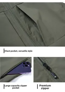 Detail of multi-pocket utility vest showing large zipper pocket and metal hardware