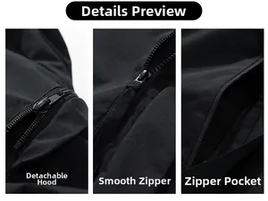 Detail view of detachable hood, smooth main zipper, and secure zip pockets on black jacket