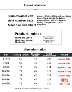Size chart for outdoor fishing vest showing fabric details and body measurements
