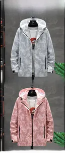 Detail of geometric camo outdoor storm jacket for women with pink and light grey options