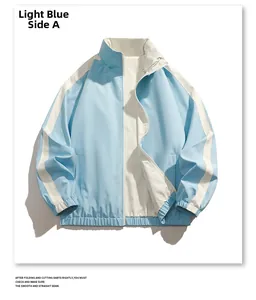 Détail de la veste réversible bleu clair avec col montant et poignets élastiques