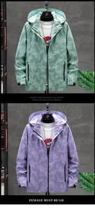 Detail of hooded camo jackets with waterproof honeycomb texture and velcro cuffs