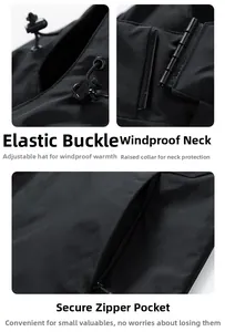 Detail of matte black jacket showing adjustable elastic drawstrings and hidden pockets