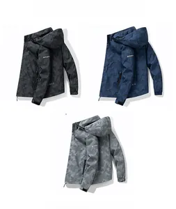 Detail of hooded jackets showing camouflage texture and adjustable velcro cuffs for men