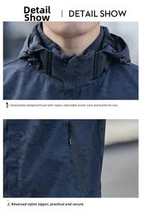 Détail de la veste camouflage imperméable avec capuche amovible et cordon ajustable