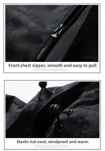 Detail of outdoor jacket showing chest zipper and adjustable hood drawstring with camo texture