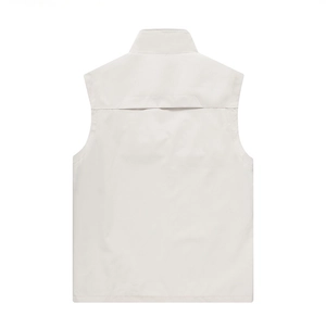 Detail view of the back ventilation slit on a white quick-dry outdoor utility fishing vest