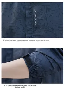 Détail de veste camouflage imperméable avec poche zippée cachée et poignets ajustables