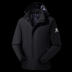 Men's hooded windproof outdoor jacket with warm fleece lining and zipper closure in black