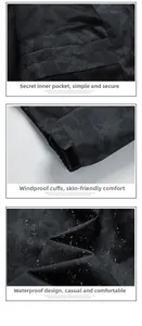 Detail of waterproof honeycomb fabric, velcro windproof cuffs, and hidden inner pocket