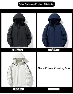 Close-up of windbreaker jackets in black, navy, and white with reflective sleeve stripes