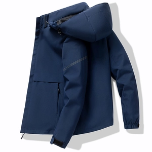 Men's navy blue hooded windbreaker jacket with slim fit design and water-resistant fabric