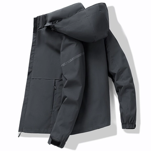 Men's dark gray hooded sports jacket with slim fit design and sleeve lettering