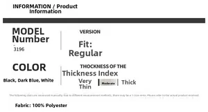 Detailed size chart and material specs for casual jacket with 100% polyester fabric