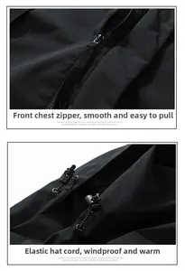 Detail view of waterproof black jacket featuring durable zipper and adjustable elastic cord