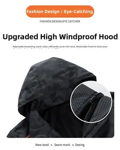 Macro detail of windproof hooded jacket featuring adjustable drawstring and high neck collar
