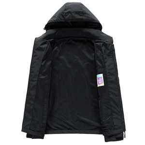 Men's slim fit black hooded jacket with breathable mesh lining and windproof design