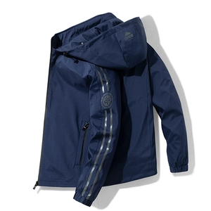 Men's casual navy blue hooded windbreaker jacket with expedition sleeve logo and stripes