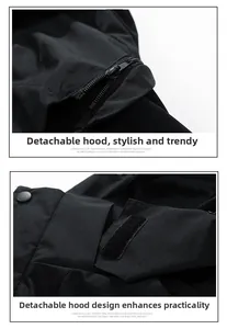 Detail view of a black jacket showing the detachable hood with zipper and velcro fasteners