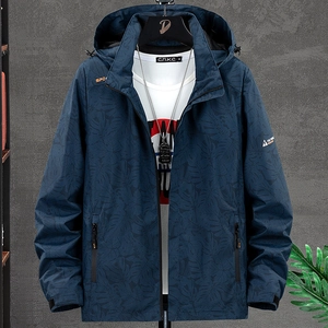 Men's navy blue windproof outdoor hooded jacket with palm leaf pattern and zipper pockets