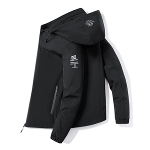 Men's trendy black hooded windbreaker jacket with stylish side prints and zip closure