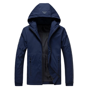 Men's deep blue hooded casual jacket with front zipper and elastic cuffs for autumn