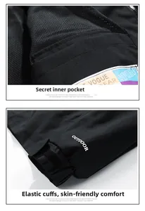 Detail view of hidden inner pocket and adjustable velcro cuffs on the black outdoor jacket