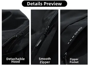 Detail of detachable hood and fashion zipper on black windproof running jacket