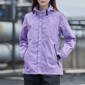 Veste outdoor femme violette avec imprimé feuilles tropicales et capuche réglable